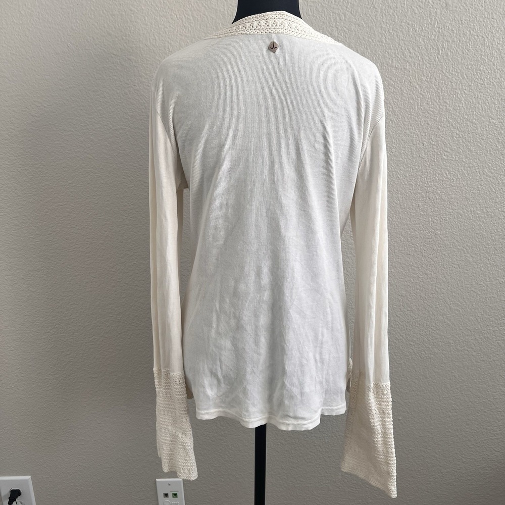 Prana Women's Large Ivory Top Blouse Crochet Bell Sleeve Boho Ribbed - Picture 9 of 10